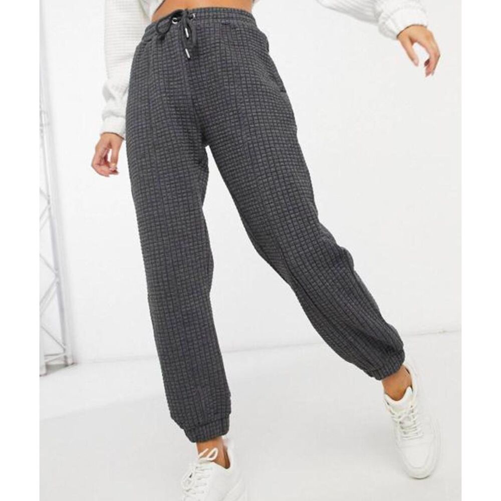 Bershka Waffle Knit Quilted Joggers Sweatpants Charcoal Grey Size XS Extra Small